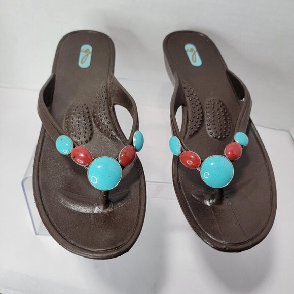 OKAL Womens Sandals Flip Flop‎ Thong Sz M/L Brown Turquoise Red Beach Boho Artsy - Picture 3 of 9